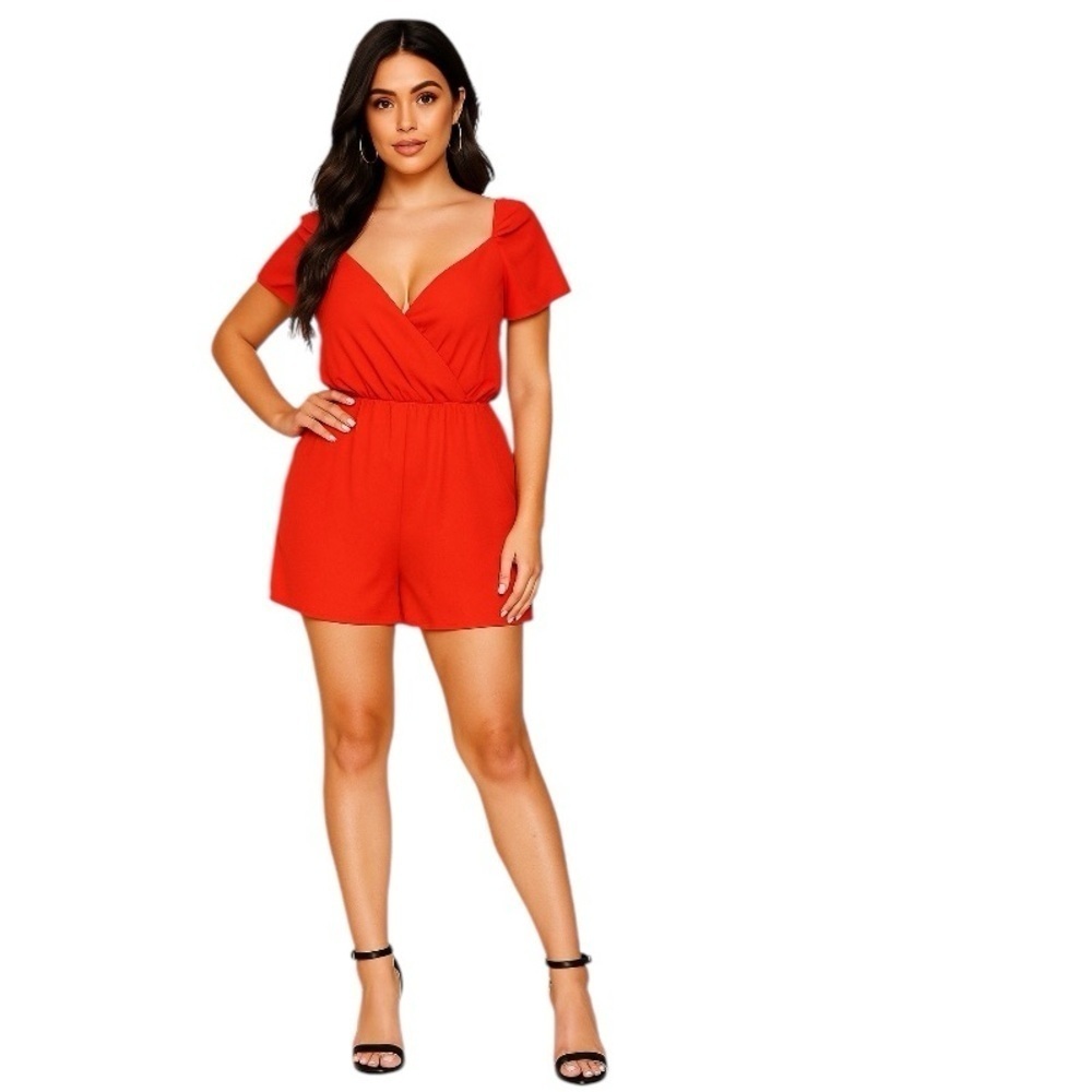 Superdown Red Romantic Coquette V-Neck Smocked Short Puff Sleeves Romper Size M